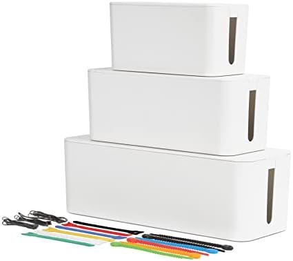 Кутии за управување со кабел Оксфорд, 3 пакувања, мали, средни, големи, 15 кабелски врски, организатор на ленти за напојување, бело