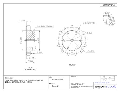 Tsubaki 120SF13 Sprocket на ролери, единечен влакно, QD дизајн, потребно е SF Bushing, 13 заби, 120 ANSI No., 1-1/2 Терен