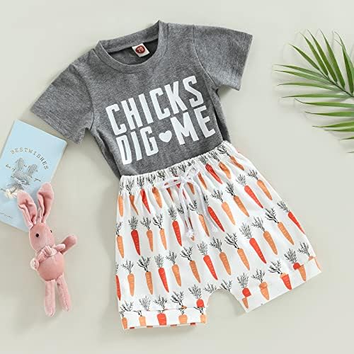 Бебе момче Велигденски облеки со кратки ракави маица врвни и шорцеви за печатење на моркови за зајаче лето дете Велигденска облека