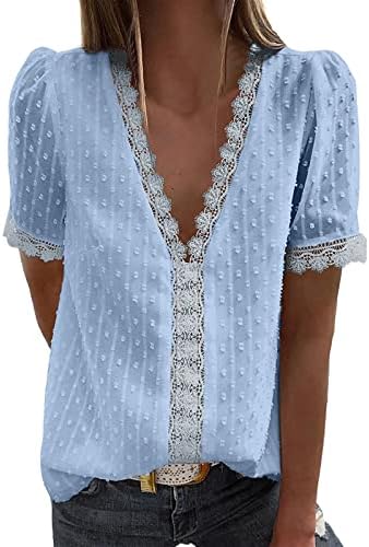Женски врвови случајни V вратот чипка од вратот од долги ракави швајцарски точки кошули пуловер лабав вклопени летни кошули 2023 случајно