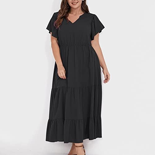 HCJKDU плус фустан со големина за жени против вратот на вратот кратки ракави макси фустани издвоени руфли замавливи летни фустани со џеб