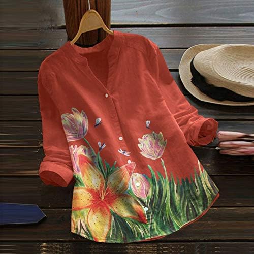 Womenените смешно копче надолу со кошули со блузи со долг ракав плус големина мачка печатење рекреативно работно време, пролетни есенски врвови