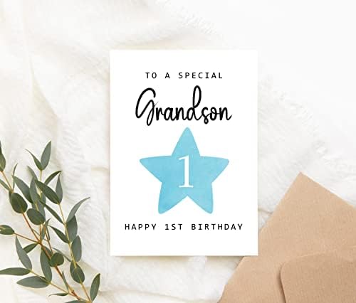 Moltdesigns на специјален внук - Среќна 1 -та роденденска картичка - 1 -годишна возраст - една година - прва роденденска картичка за момчиња