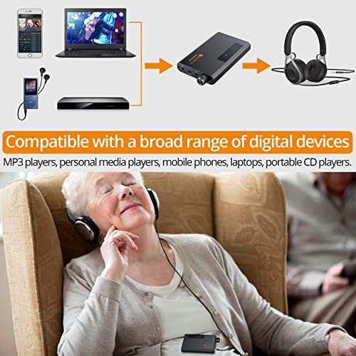 Neoteck Portable 3,5 mm засилувач за слушалки со Bluetooth 5.0 приемник, двостепен прекинувач за добивка, засилувач за слушалки за слушалки од 16-150 ох, алуминиумска матна површина