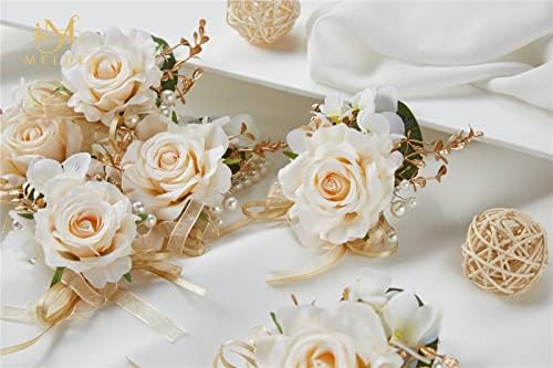 Кортс на зглобот Мелдел Шампањ за свадба, сет од 6, матурски цветни зглобови Корсаж за мајка на невестата и младоженецот, цвет на розово зглоб