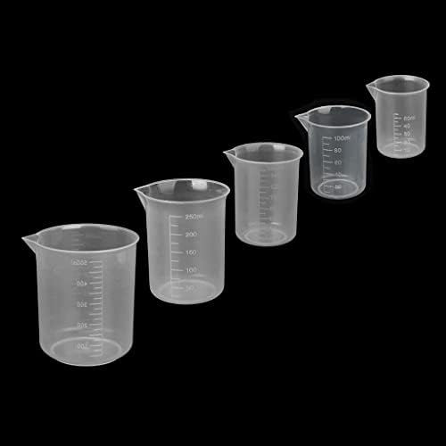 Сет на пластични лабораториски чаши - 5 парчиња Тест за разновидни големини Мерење на дипломираните чаши за научни експерименти и мерења на кујната