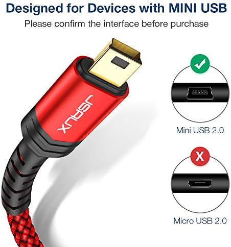 JSAUX Mini USB Cable10 FT, USB 2.0 Type A to Mini B Fast Charging Braided Cord Compatible with Blue Yeti Microphone Garmin Nuvi GPS 50 Ti-84 CE PS3 Controller Canon Rebel t7 Digital Camera Gopro Red