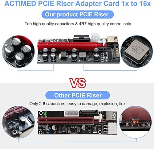 Actimed PCIe Riser 1x до 16x GPU Riser 10 Кондензатори, PCI Express Risers Адаптер картичка за BTC/ETH/GPU рударски лажици, со 60 см USB 3.0 кабел и LGB-7 светла во боја, 6 пакувања, 6 пакувања
