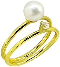 Gemstory Gold Double Orbit Crystal and Pearl Band Ring For Women | Стерлинг сребрен свежорот бисер прстен за неа | Уникатен подарок