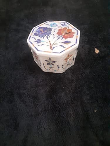 Октомвриска мермерна кутија Влез мермер со цветна вметнување - сјајна декоративна мермерна прстенест кутија Инлеј уметност