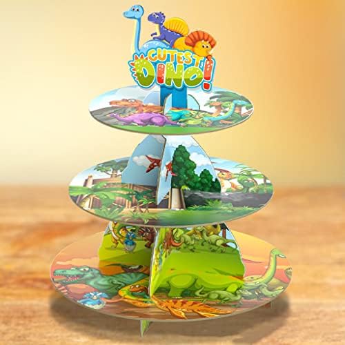 Петиаркит 2 пакет 3-ниво Диносаурус Тема за садови за кекс, кула за кулачи за еднократна употреба, држач за кекс за роденден Диносаурус Десерт
