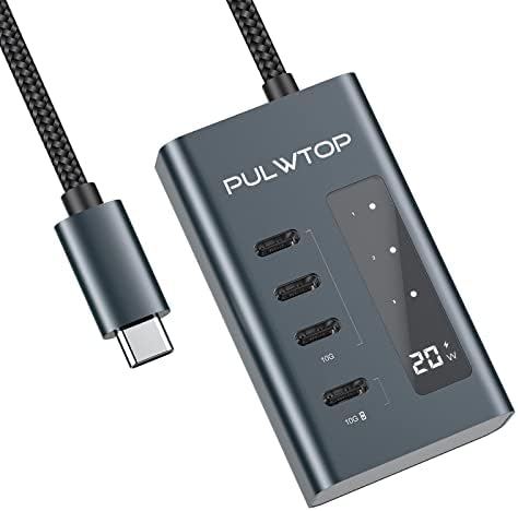 Pulwtop USB C Hub за лаптоп, 4 во 1 10Gbps USB C до USB C Hub Податоци за поддршка и полнење, USB Hub MultiPort адаптер со USB C 10Gbps порти