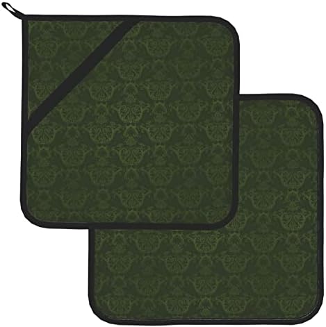 Хантер зелена цветна ливчиња шема на квадратни држачи за тенџере комплети од 2 топли топла влошки за топлини, кујнски пециво готвење