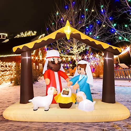 Декорации за надувување на надуени 8 стапки, осветлена сцена со надувување на надувување на надувување на отворено со Исус и јагне, разнесени Божиќни украси на отво
