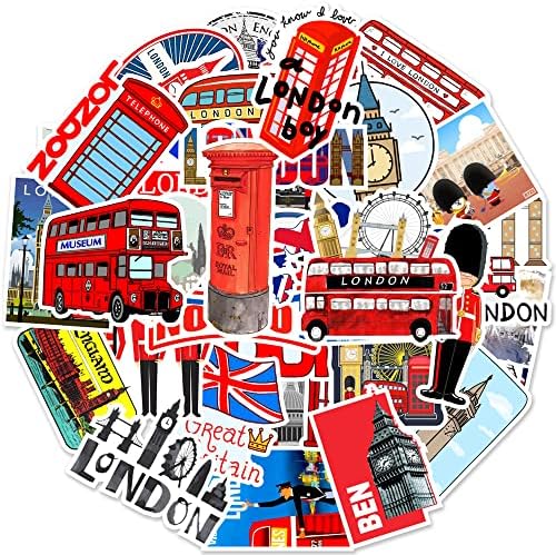 Налепници за црвени автобуси во Лондон за одмор на одмор Пакет 50 парчиња за лаптоп за лаптоп, лаптоп телефонски автомобил за автомобили