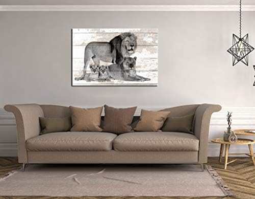 Нахичен wallид - модерна уметност со животински wallидови црно -бело лав семејство со слики со дрво позадинско платно сликарство