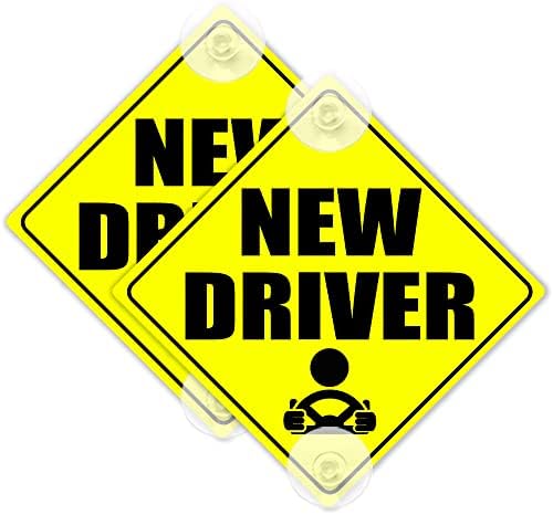 Нов знак за возач - 5 x 5 почетник налепница за возачи - пакет од 2 - нови купови за вшмукување на знак на прозорецот за возач