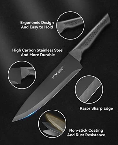 Комплет за ножеви, безбеден нож за миење садови, поставен со блок, 15 парчиња црни ножеви комплети за кујна со блок-острина, 6 бифтечни