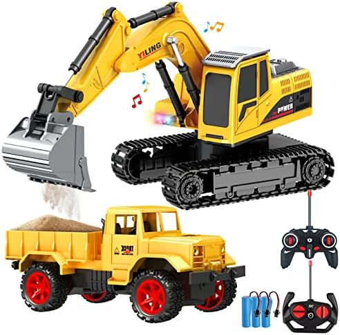 Играчки за далечински управувач и играчка со камиони за деца со светла и звуци, градежни возила РЦ камиони играчки за момчиња деца 3 4