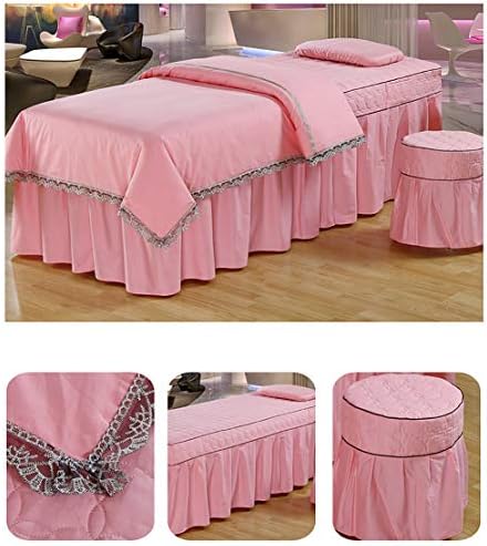 Памук чипка за кревет за убавина за кревет, луксузен лист со маса за масажа со 4 парчиња поставува кревети со дупка за одмор на лице, мек лесен кревет, покритие-розов?