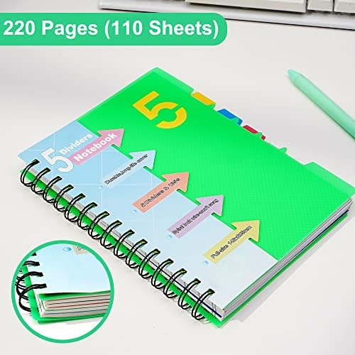 Каги 5 Предмет тетратка со јазичиња 220 страници Спирални тетратки со хард -портал со делители 6x8 A5 спирално врзано списание за белешка за земање училишни материјали,