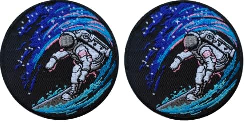 2 парчиња вселенски сурфање астронаут лепенка - ладни закрпи за сурфер на вселената - извезено железо/шијте за ранец, капа, јакна,