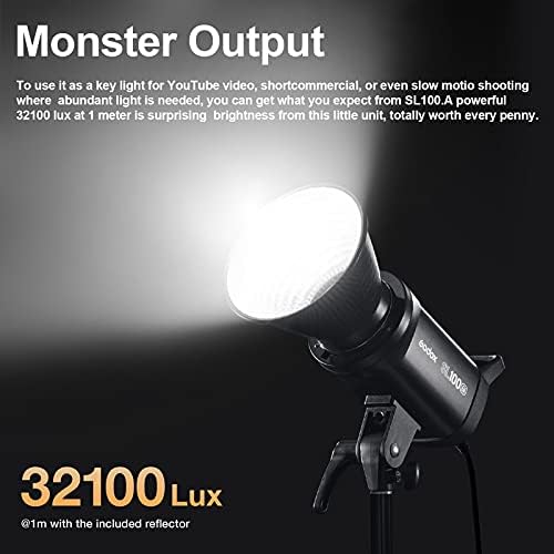 Godox SL100BI Bowens MOUNT Led Видео Светло, 100W CRI96+ TLCI97+ 2800K-6500K, 32100Lux@1m, 11 Осветлување Ефект, Стан Bluetooth Контрола, 120°Зрак Агол, Интуитивен Кориснички Интерфејс, Компактна Големина