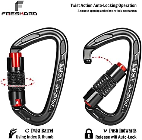 Фрескаро UIAA сертифицирани 25KN Auto Locking Climbing Carabiner клипови, заклучување на пресврт и карабини со тешки должни работи за
