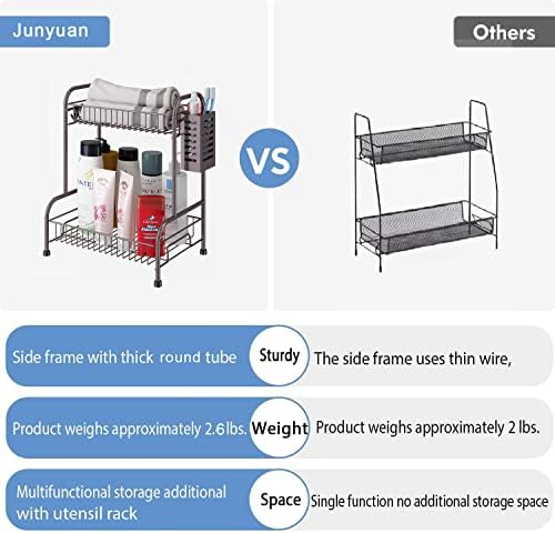 Организатор на countertop за бања Junyuan со корпа за тоалети, организатор за шминка од 2 нивоа за суета и тоалети со 3 куки ， кујнски