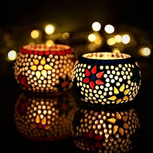 Ecraftindia сет од 2 мозички стакло Декоративен држач за светло за чај, сина и црвена, една големина