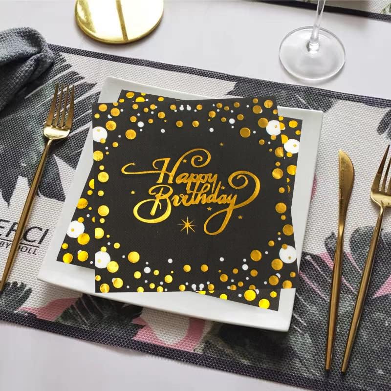 Чангкао 40 парчиња Среќна роденденска забава салфетки црни и златни возрасни и детски роденденски салфетки за еднократна употреба