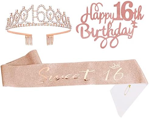 DASIGJID 16-ти Роденден Дијадема &засилувач; Појас За Девојчиња, Розово Злато Среќен Роденден Кралица Принцеза Тиара Со Чешли За Девојчиња, Кралица