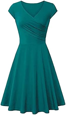 Коктел фустани со adhowbew, женски симпатичен v врат краток ракав, линија облечен во линија, обичен замав солиден плетенка плус плус големина на забавен фустан