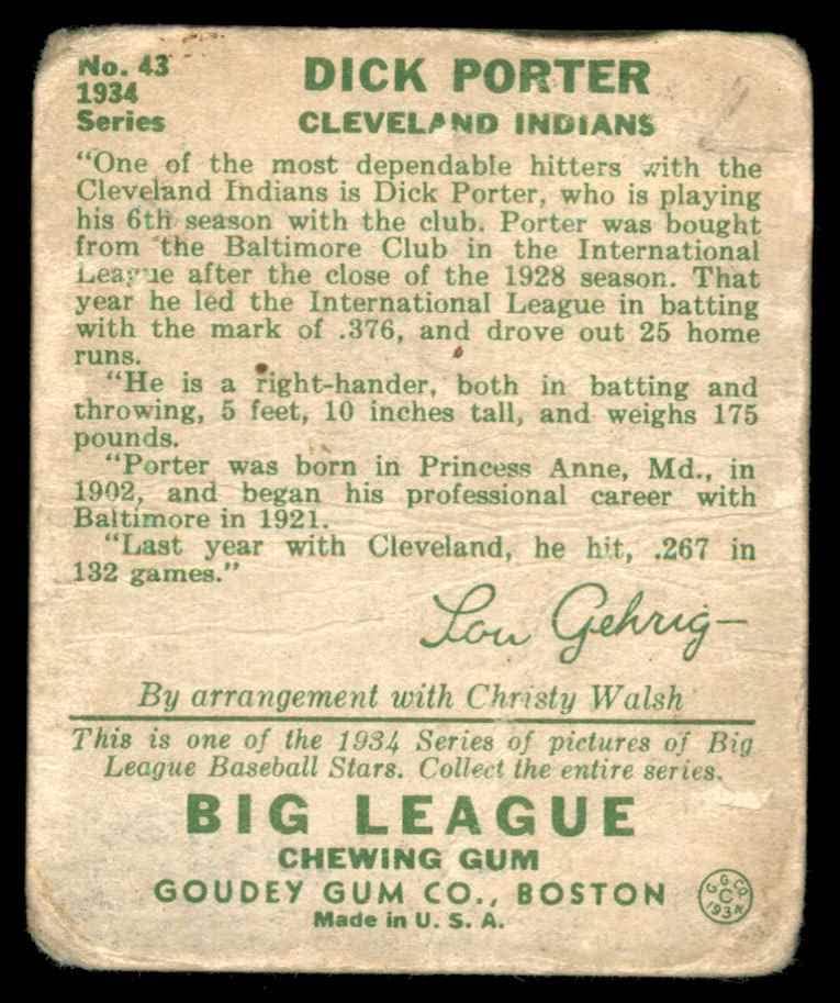 1934 година Гуди # 43 Дик Портер Кливленд Индијци сиромашни Индијанци