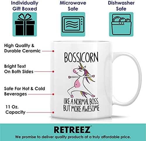 Смешна кригла Retreez - Bossicorn Boss Unicorn 11 оз керамички кафе -керамички кафе - смешно, сарказам, мотивационо, инспиративно благодарам роденденски подароци за него нејзиниот