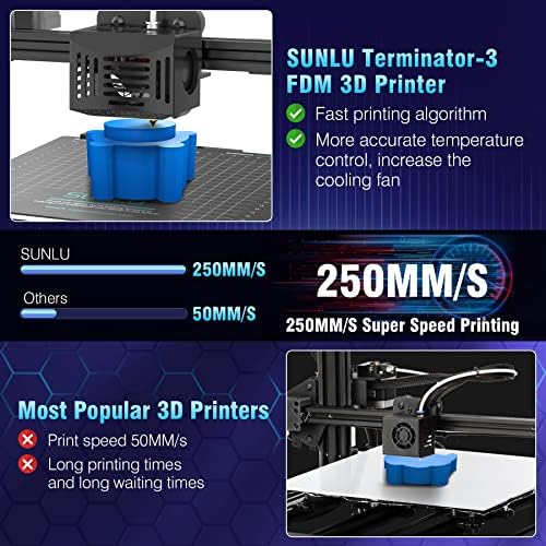 Sunlu T3 FDM 3D печатач и свилен филамент злато 1kg, 250 mm/s Терминатор со голема брзина 3 3Д печатач, откривање на затнување за време на 3Д печатење, големина на печатење 8.66x8.66x9,