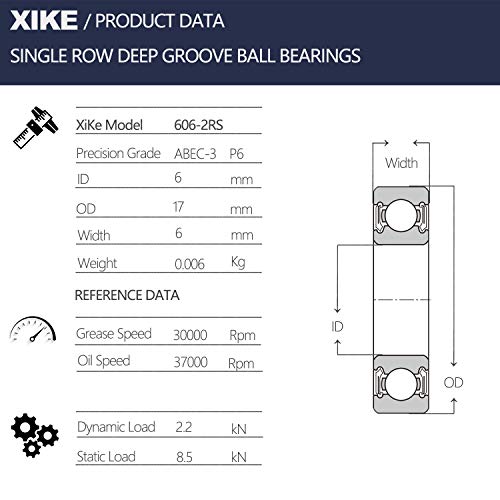 XiKe 10 Парчиња 606-2RS Двојни Гумени Лежишта за Заптивки 6x17x6mm, Претходно Подмачкани и Стабилни Перформанси и Економични, Топчести Лежишта Со Длабок Жлеб.