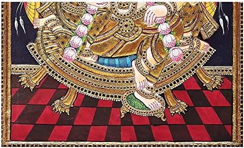 Егзотична Индија 19 „Х 23“ Господ Кришна со Рукмини и Сатјабхама Танјоре Сликање | Традиционални бои со 24k GO
