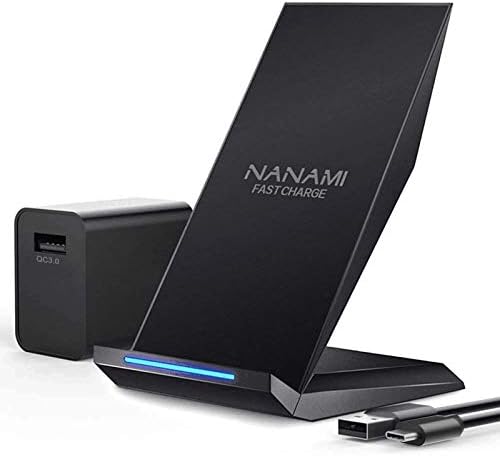 Брз безжичен полнач Nanami со USB телефонски полнач, Qi овластен штанд за полнење со QC3.0 адаптер 7.5W компатибилен iPhone 14/13/12/SE 2020/11/XS, 10W за Samsung Galaxy S23/S22/S21/S20/S10/S10 20/10