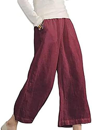 Womenените летни панталони Еластични панталони со широки нозе со високи половини, лабави памучни постелнини палацо панталони,