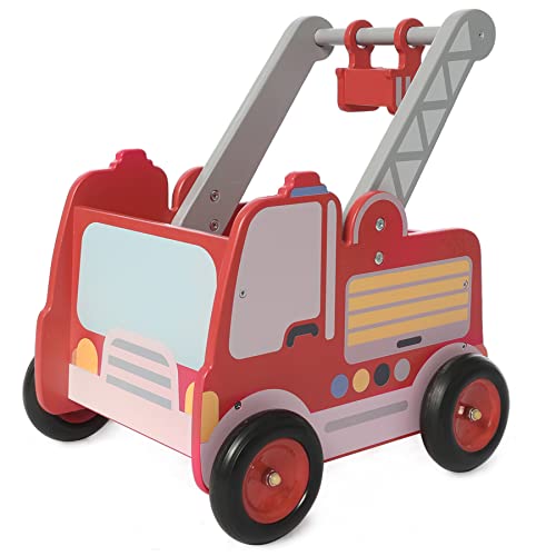 Црвен Оган Камион Дрвени Бебе Притисни Вокер-2-во-1 Дете Притисни &засилувач; Повлечете Играчки Учење Шетач Шетач Шетач Со Тркала За Бебе