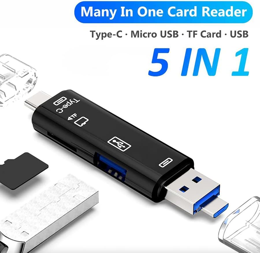 5 во 1 Мултифункционален читач на картички компатибилен со Samsung Galaxy S10, S9, S8, Plus, Note S10, Note S9 има USB Type-C/MicroUSB/TF/USB