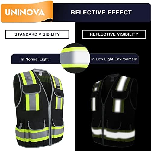 Безбедносен елек на Uninova, рефлексивен за мажи, Класа 2, безбедносен елек, рефлексиран со џебови и патент, висока видлива градежна