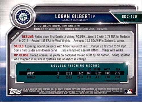 2019 Bowman Chrome Draft Refaftor BDC-179 Logan Gilbert RC Rocie Seattle Mariners MLB Baseball Trading Card