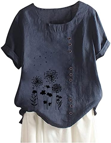 2023 летни маички за жени памучни постелнини со екипаж на врвови трендовски цветни печатени кратки ракави за тунични кошули блузи