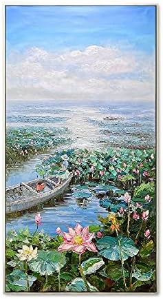 Слики од масло од платно, рачно насликани екстра голема wallидна уметност оригинална лотос цвет езерце пејзаж кул слики модерни апстрактни рамка без текстурирани ум