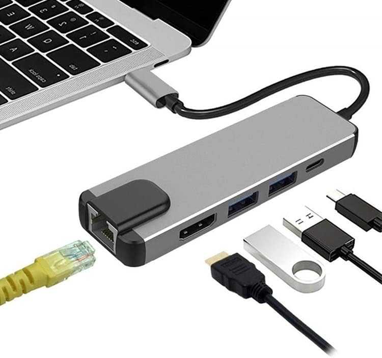 USB C Центар, 5 во 1 Мултипорт Адаптер Центар Со Ethernet, 4K HDTV, LAN, 2X USB, 100W PD, USB-C 3.0. Работи Со Macbook Pro Air И Повеќе Уреди