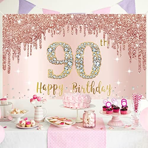 Среќен 90-Ти Роденден Банер Позадина Украси За Жени, Розово Злато 90 Роденден Знак Материјали, Розова 90 Годишниот Роденден Постер Позадина