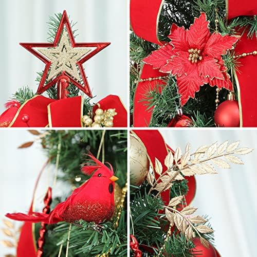 WBHome 7FT Украсени Вештачки Елка Со Орнаменти И Светла, Црвено Злато Божиќ Декорација Вклучувајќи 7 Нозе Полно Дрво, Орнаменти