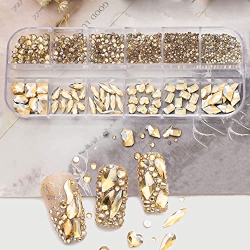 1140pcs Шампањ злато ригистони за геми за нокти повеќе форми кристално злато дијамантски скапоцен камен камен мешан дизајн геми